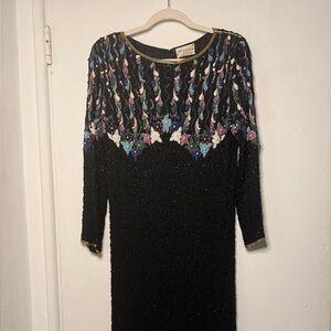 Elegant Black Beaded Dress with Floral Accents